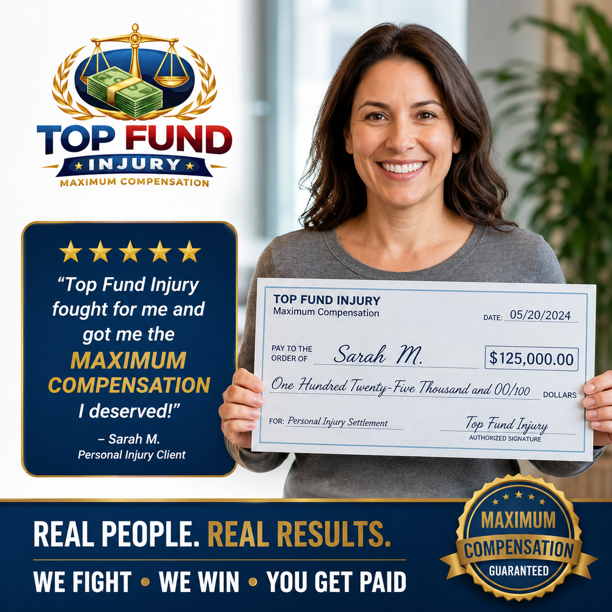 Top Fund Injury client holding a maximum compensation settlement check